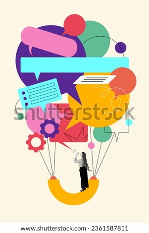 Young woman, office manager standing on air balloon with speech bubbles and talking in megaphone. Contemporary art collage. -Concept of business, office, communication. Poster. Copy space for ad Royalty-Free Stock Photo #2361587811