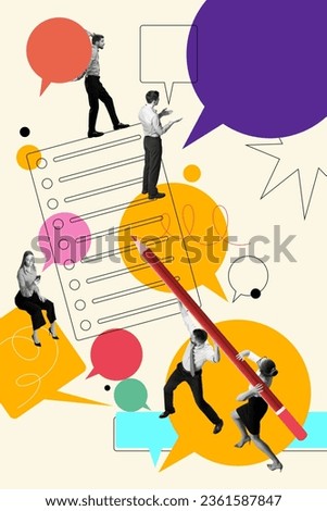 Employees, office workers making pan for the week, communication and developing strategies. Contemporary art collage. Concept of business, office, communication. Poster. Copy space for ad Royalty-Free Stock Photo #2361587847
