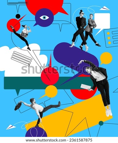 Motivated young people, employee, office workers working on their professional success and growth. Contemporary art collage. Concept of business, office, communication. Poster. Copy space for ad Royalty-Free Stock Photo #2361587875
