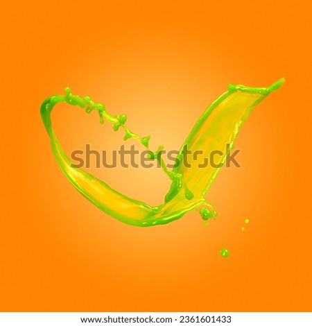 Abstract green splash, wave with dropps and blobs. Levitating colored paint, liquid isolated on gradient orange background. Main trends in modern design. Concept of textures, colors, palette. Ad