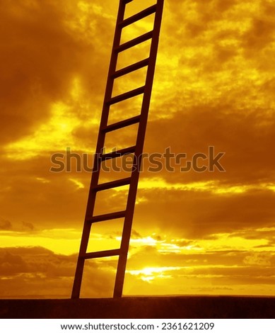photo of stairway to heaven. metal, iron ladder or the way to heaven, the concept of enlightenment and spirituality. Stairway leading up to bright sunrise, sunset cloudy sky. next level idea, concept