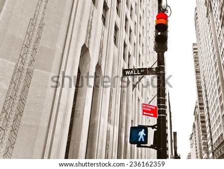 Vintage photo of Wall Street road sign and traffic lights.