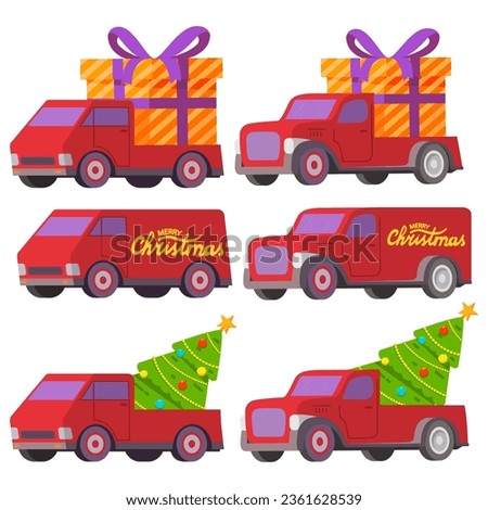 Cartoon delivery truck with christmas tree. Gift delivery. Christmas delivery service.Lorry truck merry christmas. Happy new year express delivery. Flat vector Illustration.