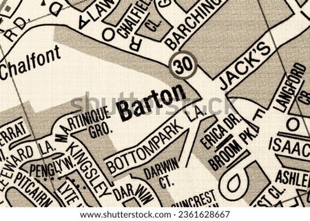 Barton, Devon, England, United Kingdom atlas map town name in sepia