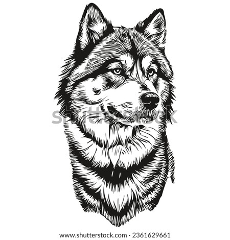 Malamute dog t shirt print black and white, cute funny outline drawing vector realistic breed pet