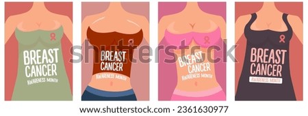 Breast cancer awareness month for disease prevention campaign poster set design template with woman and ribbon vector flat concept illustration. October awareness month poster collection