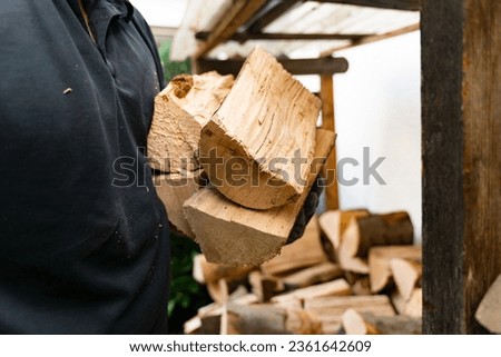 A 50 year old man has received a delivery of firewood and is putting the beech logs into the firewood rack. Outside the house, the rack is equipped with a roof to protect it from the weather.  Royalty-Free Stock Photo #2361642609