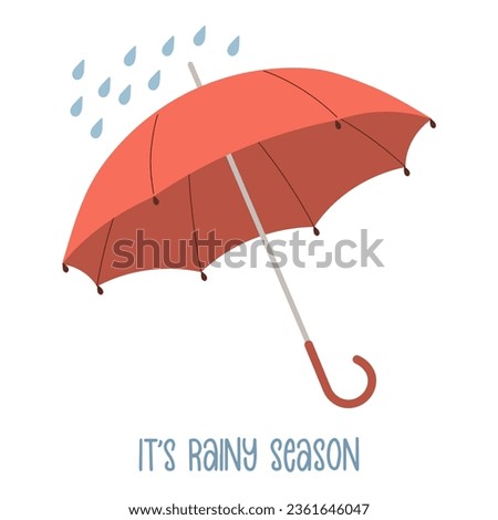 Rain umbrella and calligraphy. Autumn illustration in flat style. Vector