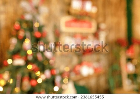 Beautiful holiday decorated room with Christmas tree and bright lights , out of focus shot for photo background.