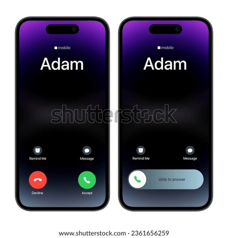 iPhone call screen. Realistic smartphone call screen with blurred background. Incoming call template on white background Royalty-Free Stock Photo #2361656259