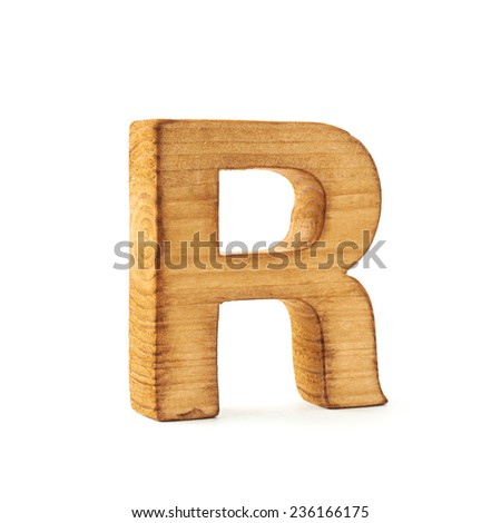 Single capital block wooden letter R isolated over the white background