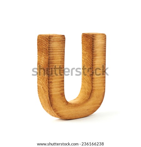 Single capital block wooden letter U isolated over the white background
