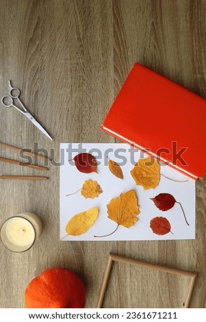Paper with pressed colorful leaves, book, scissors, pencils, picture frame, scented candle and decorative pumpkin on the table. Making autumnal themed herbarium at home. Top view.