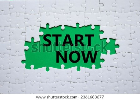 Start now symbol. White puzzle with words Start now. Beautiful green background. Business and Start now concept. Copy space.