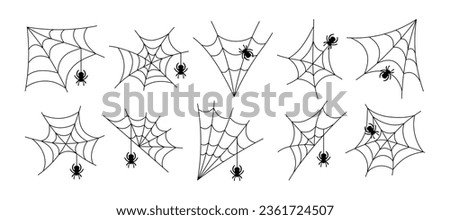 Set spider web with spiders, isolated on white background. Halloween line silhouettes black line spiderweb or cobweb - for design decor. Vector illustration, traditional Halloween decorative elements.