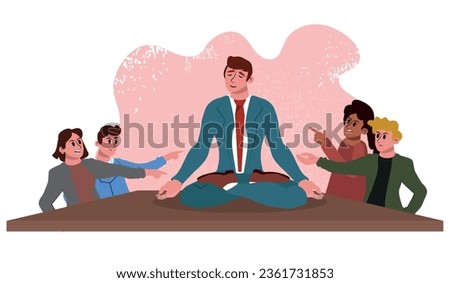 Business negotiation, male partners arguing, funny relaxed man keeping calm in stressful situation, meditating with composed smile, dealing with emotional angry customer, stress management concept Royalty-Free Stock Photo #2361731853