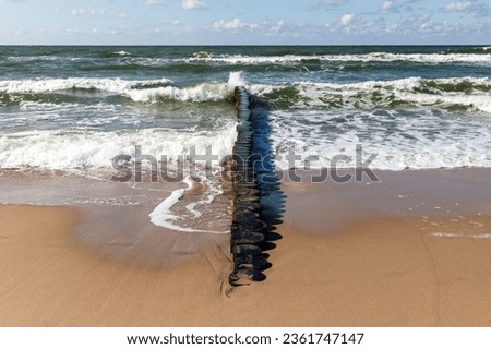 Sandy beach with shore water and wooden breakwater mounted at Baltic Sea coast. Landscape photo taken on a sunny summer day. Zelenogradsk, Kaliningrad Oblast, Russia