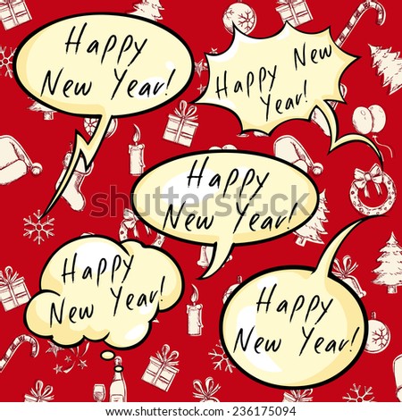 Vector Set of Greeting Bubbles with Text - Happy New Year. Red Pattern Background.