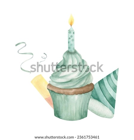 Watercolor hand drawn mint color cupcake with candel ,birthday hat anf confetti for birthday design