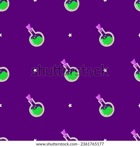 Simple seamless pattern with bottle of potion and stars. Halloween trendy concept. Hand drawn vector illustration for cover, stationary, wallpaper, prints, wrapping, textile