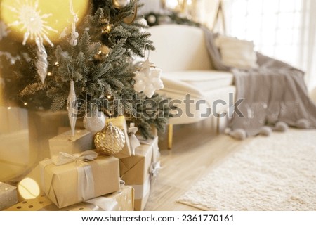 Beautiful holiday decorated room with Christmas tree and bright lights