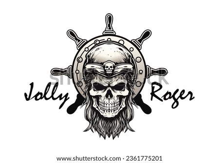 A pirate's skull against the background of a ship's wheel. Jolly Roger. Vector illustration isolated on white background Royalty-Free Stock Photo #2361775201