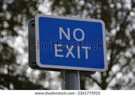 No Exit road sign. Blue with white text and green trees in the background.