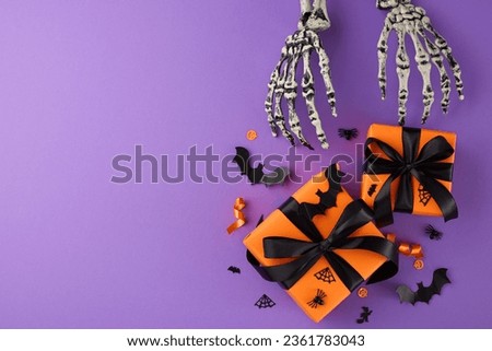 Eliciting smiles through spooky season gifts. Top view photo of skeleton hands, presents with dark ribbons, spooky insects, confetti on purple background with promo zone