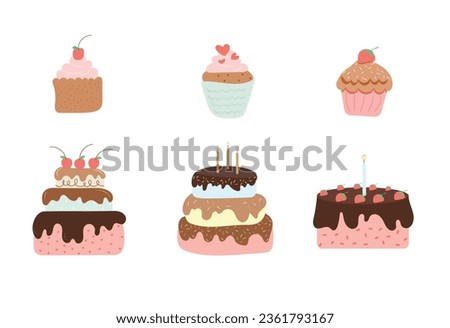 Cute tasty cake and cupcake illustration set. Simple style vector illustration