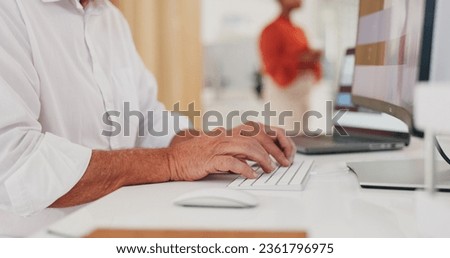 Business hands, computer and office for marketing, social media research and planning or editing report. Professional person or editor typing on desktop for website FAQ, copywriting and information