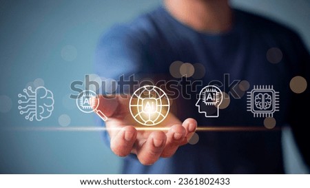 businessman show virtual graphic Global Internet connect with AI, Artificial Intelligence. using command prompt for generates something, Futuristic technology transformation.