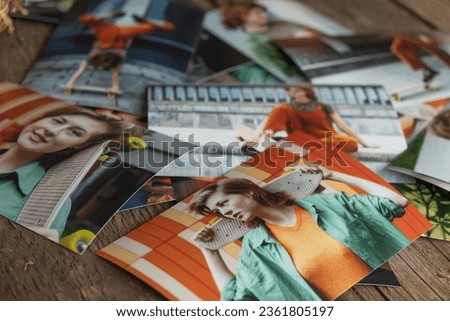 Photo printing concept. Printed photos on table. 
