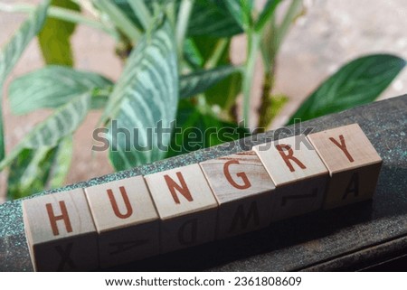 Photo of wooden blocks that make up the vocabulary "HUNGRY" in English