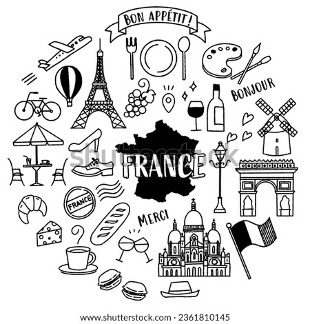 Illustration set related to simple and cute France (monochrome)