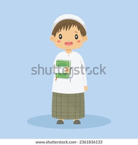 Cute Muslim boy wearing hat and sarong, holding a prayer beads and Quran ready for shalat. Muslim children character vector illustration.