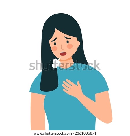 Woman pressing against her chest with a shortness of breath symptom in flat design on white background. Difficulty breathing. Royalty-Free Stock Photo #2361836871