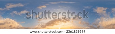 Sunset sky panorama with bright glowing pink Cumulus clouds. HDR 360 seamless spherical panorama. Full zenith or sky dome for 3D visualization, sky replacement for aerial drone panoramas. Royalty-Free Stock Photo #2361839599