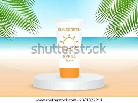 Sunscreen or Sunblock on Podium with Summer Beach Background. Product Display Podium on the Beach. Summer Background. Vector Illustration.