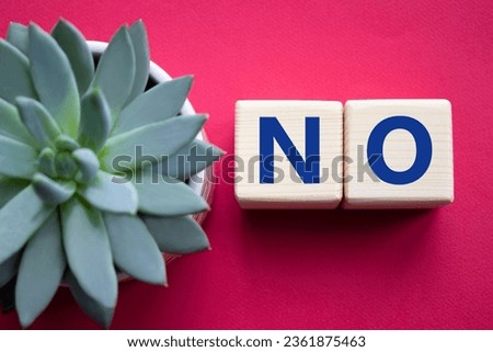 No symbol. Concept words No on wooden blocks. Beautiful red background with succulent plant. Business and No concept. Copy space.