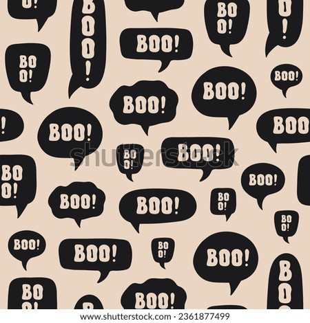 Abstract seamless pattern with halloween design of speech bubble and word BOO on a beige background. Black and beige colors. Vector illustration Royalty-Free Stock Photo #2361877499