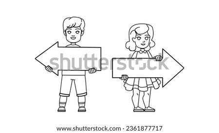 kid left right vector. child hand, boy direction, finger showing, point back, school up kid left right character. people black line illustration