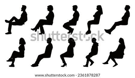 Vector set of detailed people sitting side view silhouettes isolated on white background. Vector illustration