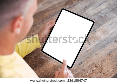 Man using digital tablet, vertical  screen mockup