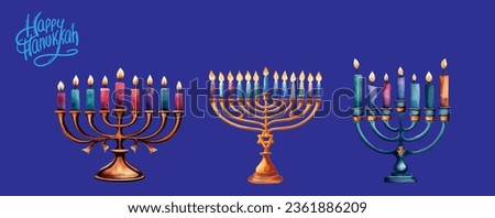 Hanukkah menorah isolated. Set of traditional Jewish holiday symbol. Watercolor design.