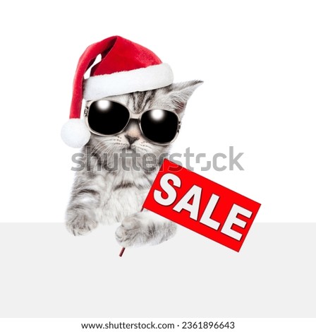 Cute tiny kitten wearing red christmas hat shows signboard with labeled "sale"above empty white banner. isolated on white background
