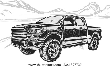Vector flat design featuring a monochrome drawing of a modern pickup truck against a serene mountain landscape Royalty-Free Stock Photo #2361897733