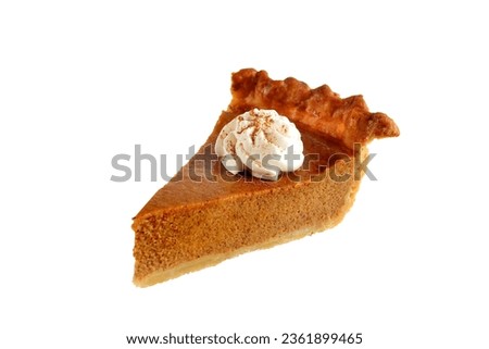 Slice of pumpkin pie isolated on white background