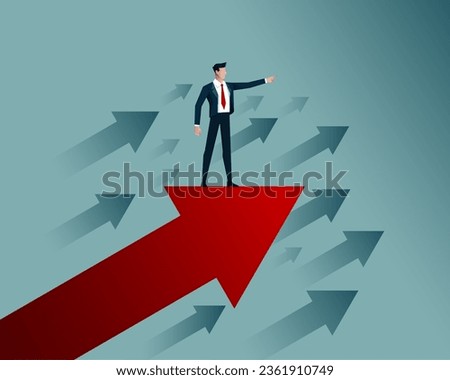 Business manager standing on Large Arrow soaring on the sky. Marketing rising up, business success. teal background, vector design flat illustration. bussiness concept.