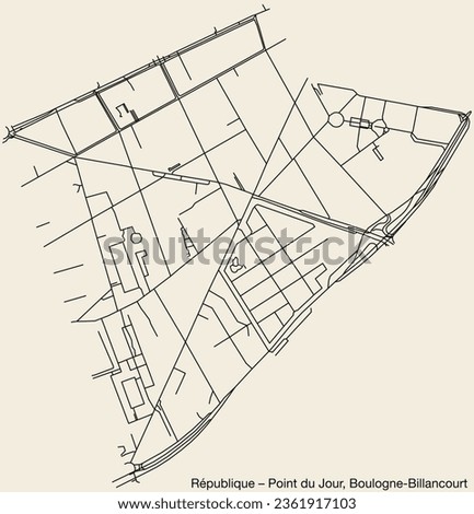 Detailed hand-drawn navigational urban street roads map of the RÉPUBLIQUE – POINT DU JOUR NEIGHBOURHOOD of the French city of BOULOGNE-BILLANCOURT, France with vivid road lines and name tag on solid b