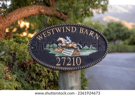 Entrance sign to historic Westwind Barn owned and operated by the Town of Los Altos Hills, adjacent to the Byrne Preserve